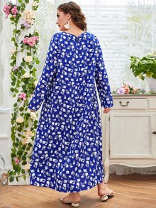 大碼印花植物刺繡流蘇系帶連衣裙 - 藍色 - 查看 2