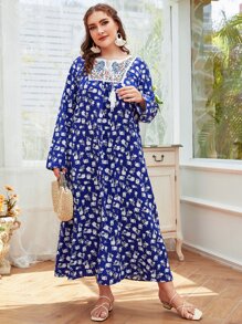 大碼印花植物刺繡流蘇系帶連衣裙 - 藍色 - 查看 3