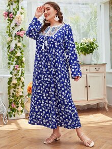 大碼印花植物刺繡流蘇系帶連衣裙 - 藍色 - 查看 4