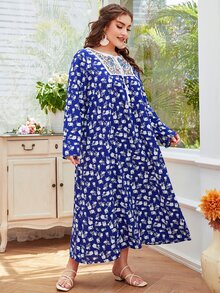 大碼印花植物刺繡流蘇系帶連衣裙 - 藍色 - 查看 5