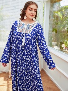 大碼印花植物刺繡流蘇系帶連衣裙 - 藍色 - 查看 6