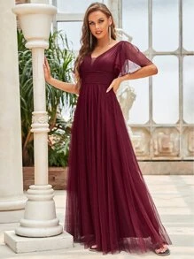 EVERPRETTY Flutter Sleeve Dobby Mesh Overlay Bridesmaid Dress - Maroon - View 1
