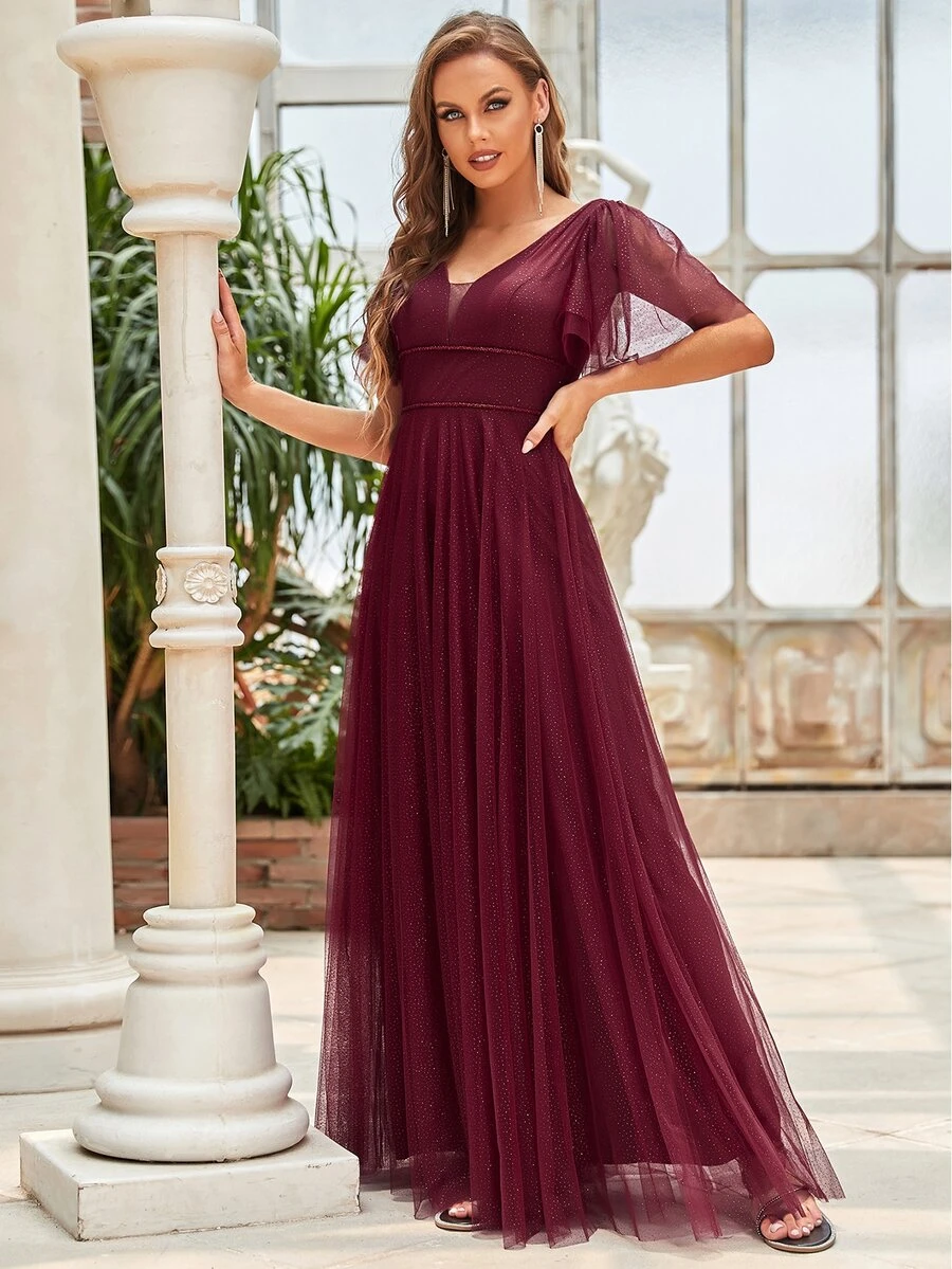 EVERPRETTY Flutter Sleeve Dobby Mesh Overlay Bridesmaid Dress - Maroon - View 1