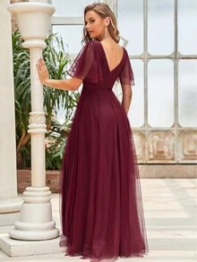 EVERPRETTY Flutter Sleeve Dobby Mesh Overlay Bridesmaid Dress - Maroon - View 2