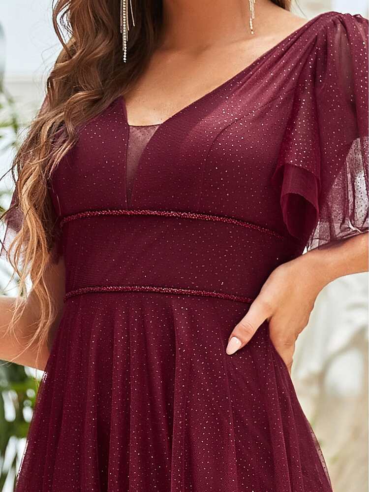 EVERPRETTY Flutter Sleeve Dobby Mesh Overlay Bridesmaid Dress - Maroon - View 3
