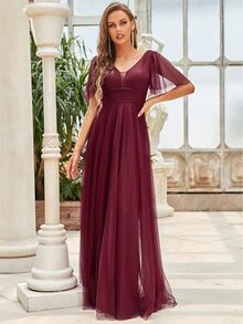 EVERPRETTY Flutter Sleeve Dobby Mesh Overlay Bridesmaid Dress - Maroon - View 4