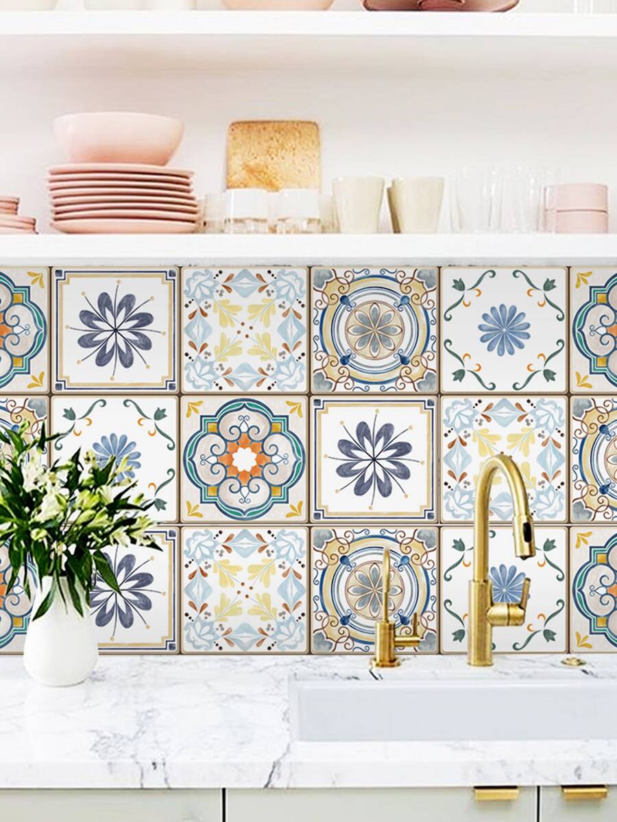 Set de 5 pegatinas de azulejos autoadhesivas con estampado floral de estilo marroquí, calcomanías impermeables y mate gruesas para decoración de cocina y baño, 20 x 20 cm, pegatinas de renovación para paneles de pared, papel tapiz, decoración de primavera para refrescar tu hogar, pegatinas de decoración de ramas - Multicolor - Ver 1
