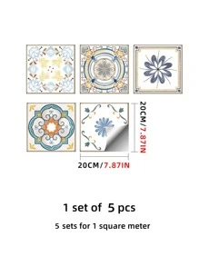 Set de 5 pegatinas de azulejos autoadhesivas con estampado floral de estilo marroquí, calcomanías impermeables y mate gruesas para decoración de cocina y baño, 20 x 20 cm, pegatinas de renovación para paneles de pared, papel tapiz, decoración de primavera para refrescar tu hogar, pegatinas de decoración de ramas - Multicolor - Ver 3