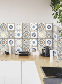 Set de 5 pegatinas de azulejos autoadhesivas con estampado floral de estilo marroquí, calcomanías impermeables y mate gruesas para decoración de cocina y baño, 20 x 20 cm, pegatinas de renovación para paneles de pared, papel tapiz, decoración de primavera para refrescar tu hogar, pegatinas de decoración de ramas - Multicolor - Ver 8