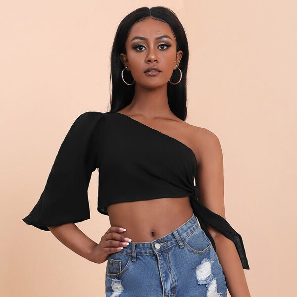 

One Shoulder Lantern Sleeve Knot Side Crop Top, Black
