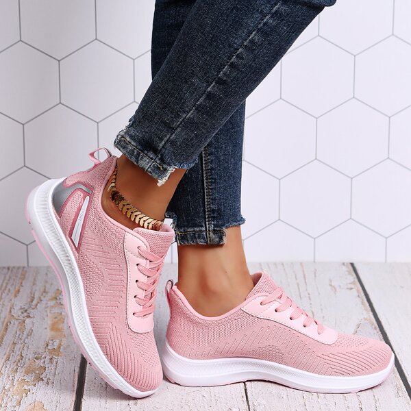 

Minimalist Lace-up Front Knit Running Shoes, Pink
