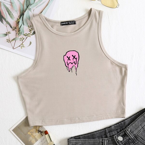 

Cartoon Graphic Crop Tank Top, Khaki