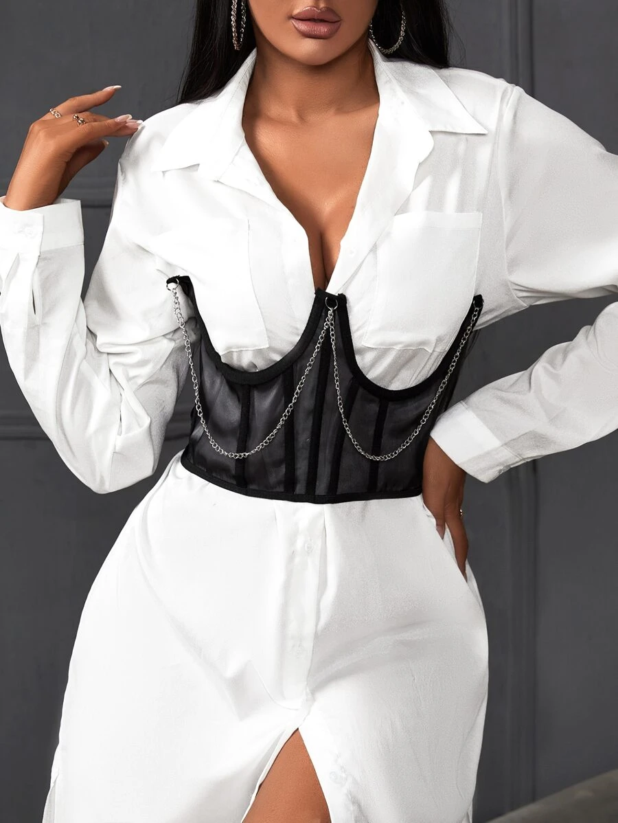 Chain Linked Mesh Underbust Corset - Black - View 1