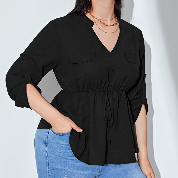 

Plus Roll-up Sleeve Peplum Blouse, Black