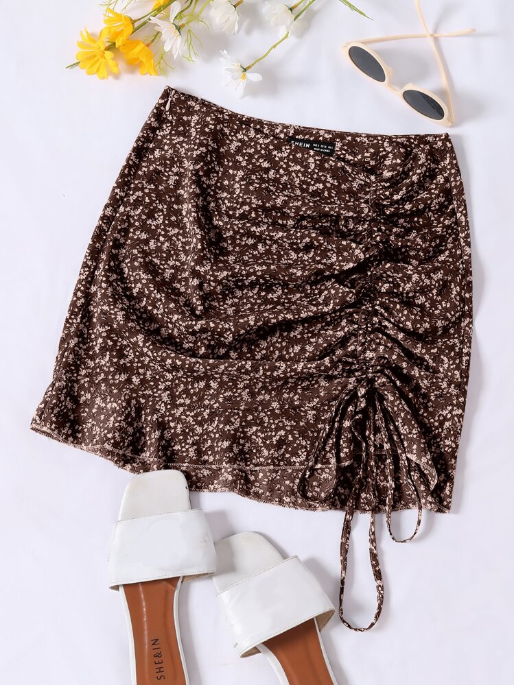 SHEIN Holidaya Ruched Knot Ruffle Hem Ditsy Floral Skirt - Multicolor - View 1