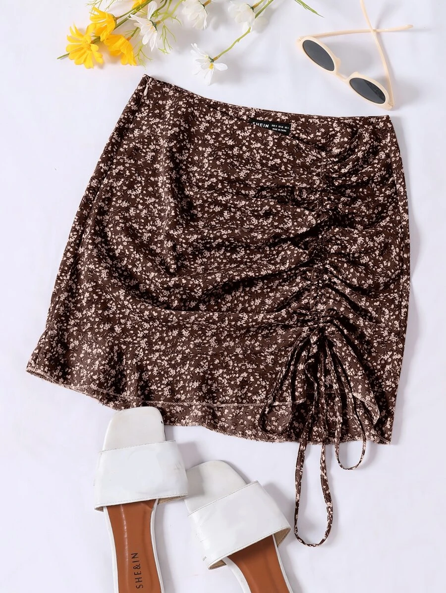 SHEIN Holidaya Ruched Knot Ruffle Hem Ditsy Floral Skirt - Multicolor - View 1