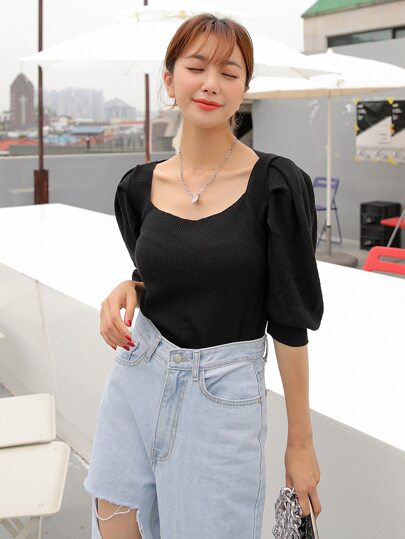DAZY パフスリーブ バックリボン ニットトップス | SHEIN JAPAN