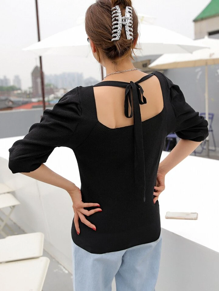 DAZY パフスリーブ バックリボン ニットトップス | #SHEIN1111sale