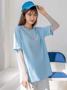 DAZY Áo thun Tương phản Mesh Giải trí - Màu xanh nhạt - Xem 8