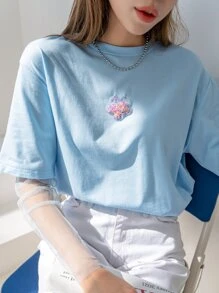 DAZY Áo thun Tương phản Mesh Giải trí - Màu xanh nhạt - Xem 1