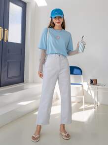 DAZY Áo thun Tương phản Mesh Giải trí - Màu xanh nhạt - Xem 6