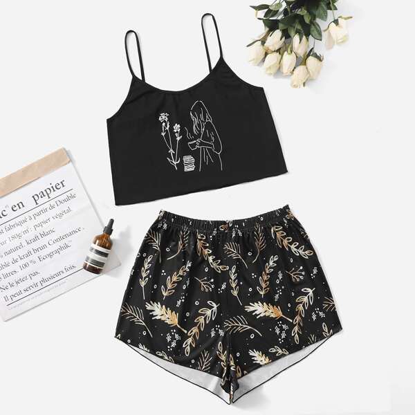 

Plus Figure & Floral Print Cami Top & Leaf Print Shorts PJ Set, Black