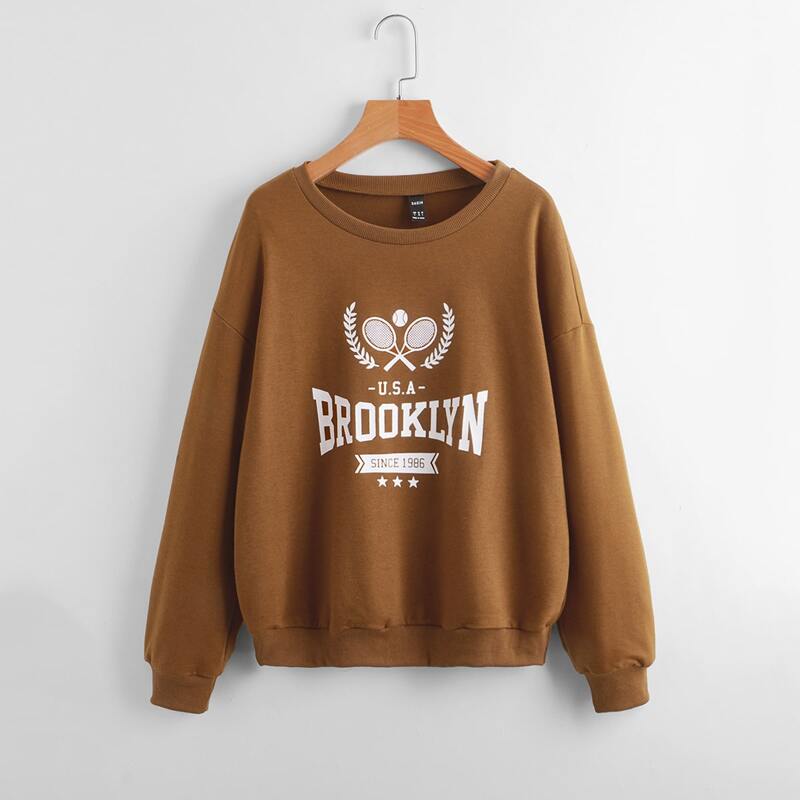 

Letter Graphic Round Neck Sweatshirt, Brown
