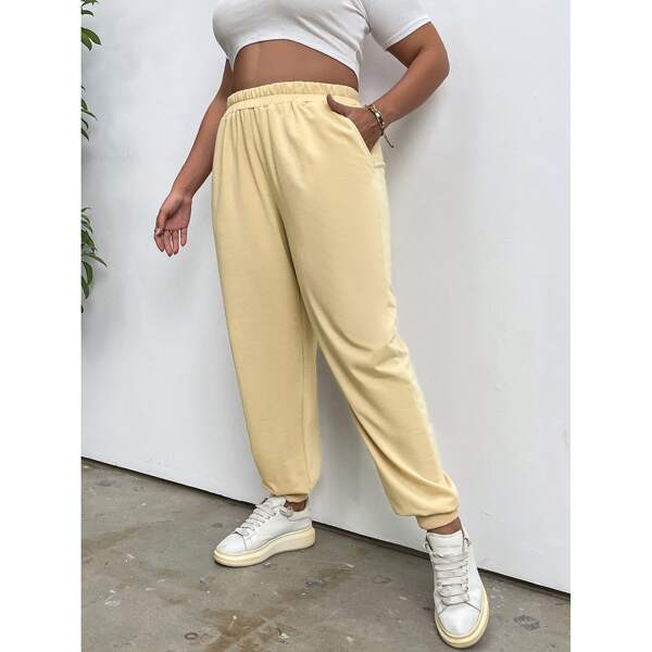 

Plus Elastic Waist Slant Pocket Sweatpants, Khaki