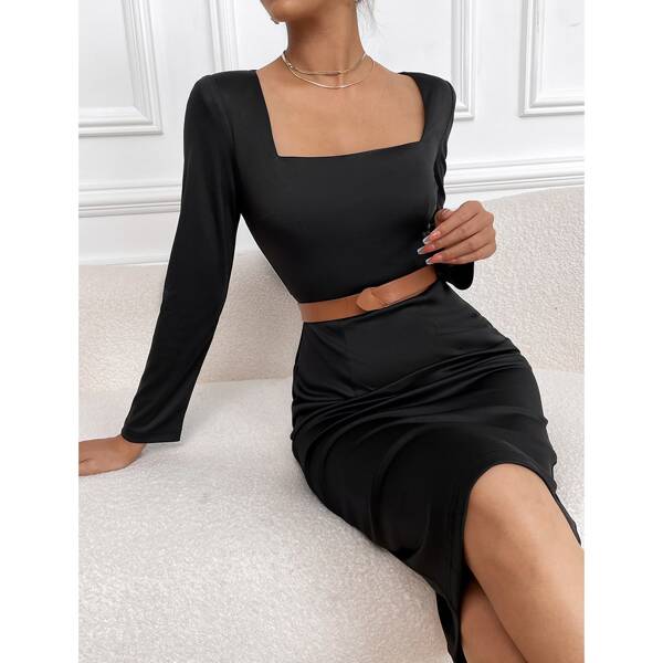 

Square Neck Split Back Bodycon Dress Without Belt, Black
