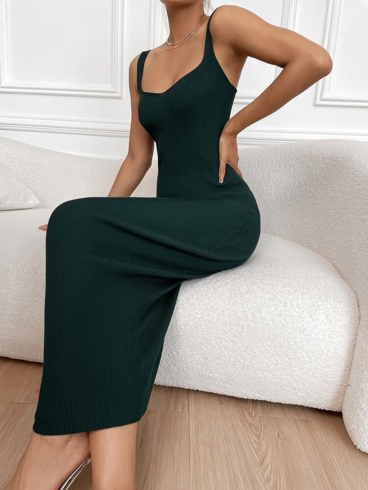 Modelyn Đầm Áo len Gân đan màu trơn Gợi cảm - Màu xanh lá cây đậm - Xem 5