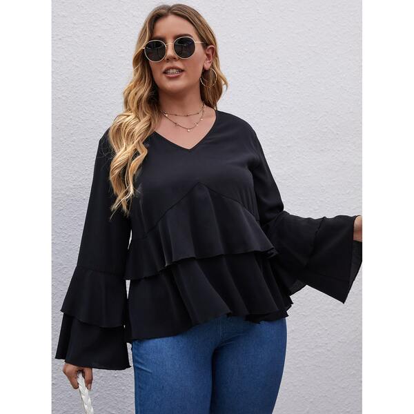 

Plus Solid Flounce Sleeve Ruffle Hem Blouse, Black