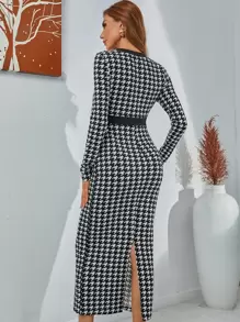 Modelyn Houndstooth Single Breasted Slit Back Bodycon Dress - Black and White - View 2