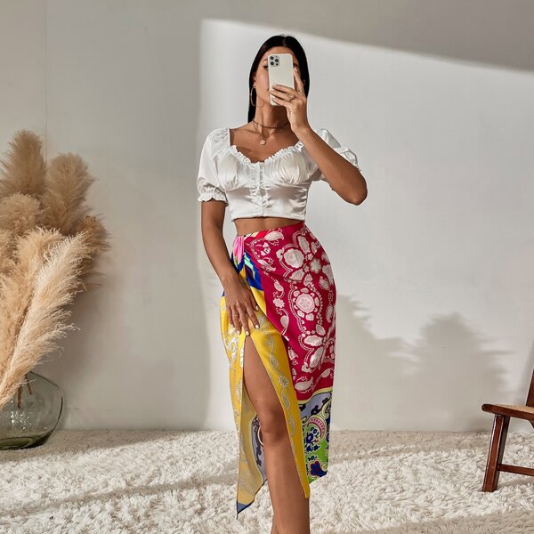 

Paisley Print Split Thigh Skirt, Multicolor