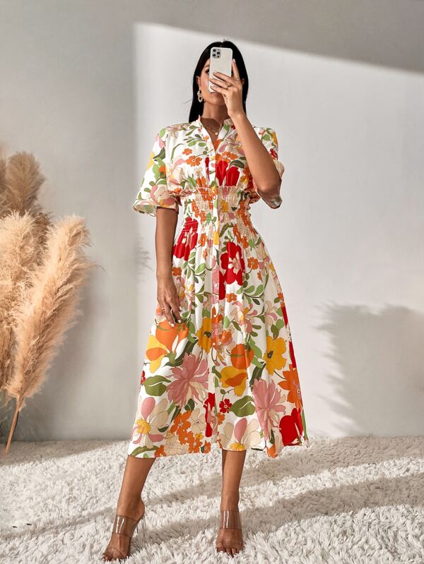 Floral Print Button Front Shirred Waist Dress for Sale Australia| New ...