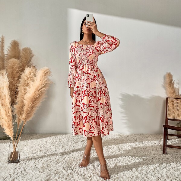 

Floral Print Shirred Bodice Dress, Multicolor