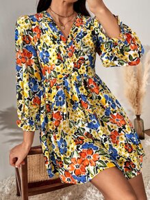 SHEIN Unity V領印花荷葉袖A字洋裝 - 彩色 - 查看 1