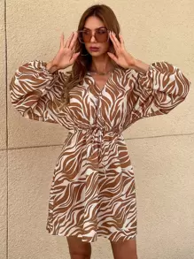 Vestido con estampado de manga murciélago de cintura con cordón - Multicolor - Ver 1