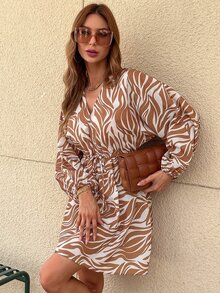 Vestido con estampado de manga murciélago de cintura con cordón - Multicolor - Ver 6