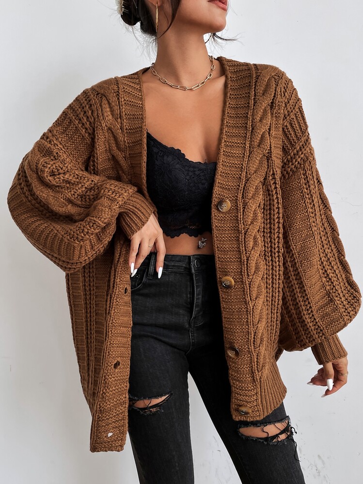 SoleilVie Bishop Sleeve Button Up Cardigan,Long Sleeve Tops Fall Winter Cloth For Women - Coffee Brown - View 1