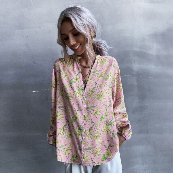 

Drop Shoulder Allover Floral Blouse, Dusty pink