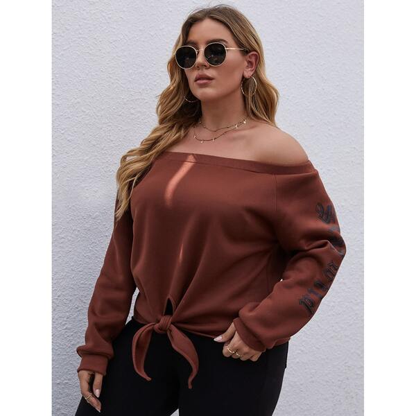 

Plus Letter Graphic Off The Shoulder Tie Front Sweatshirt, Rust brown