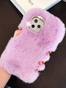 Rhinestone Decor Fluffy Case Tương thích với iPhone - Màu tím - Xem 1