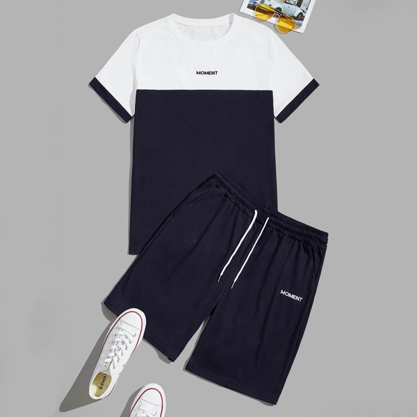 

Men Letter Graphic Two Tone Tee With Track Shorts, Blue