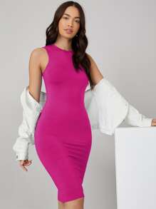 SHEIN BASICS Chất rắn Quần bó Giải trí Bữa tối Ngày đêm Đầm - Màu Hồng Tươi - Xem 2