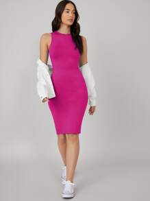 SHEIN BASICS Chất rắn Quần bó Giải trí Bữa tối Ngày đêm Đầm - Màu Hồng Tươi - Xem 5