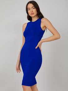 SHEIN BASICS Solid Bodycon Dress/Summer\Elegant - Royal Blue - View 3