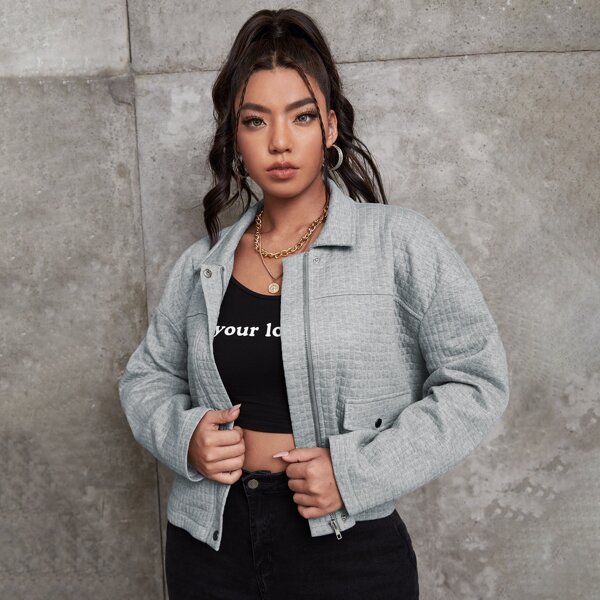 

Plus Flap Pocket Drop Shoulder Zip Front Jacket, Grey