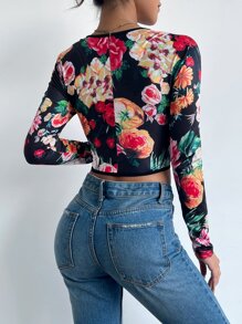 Floral Print Crop Slim Fit Tee - Multicolor - View 2
