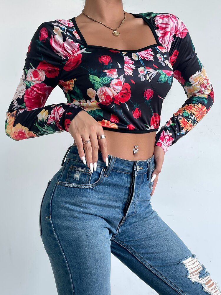 Camiseta con estampado floral corto ajustado - Multicolor - Añade 5