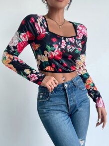 Floral Print Crop Slim Fit Tee - Multicolor - View 6